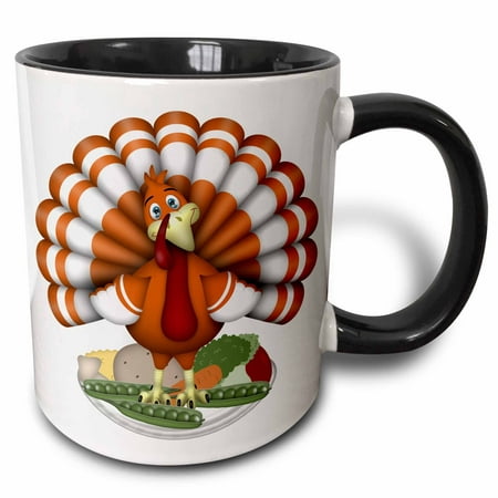 3dRose Cute Large Orange Thanksgiving Turkey On Vegetables, Two Tone Black Mug,