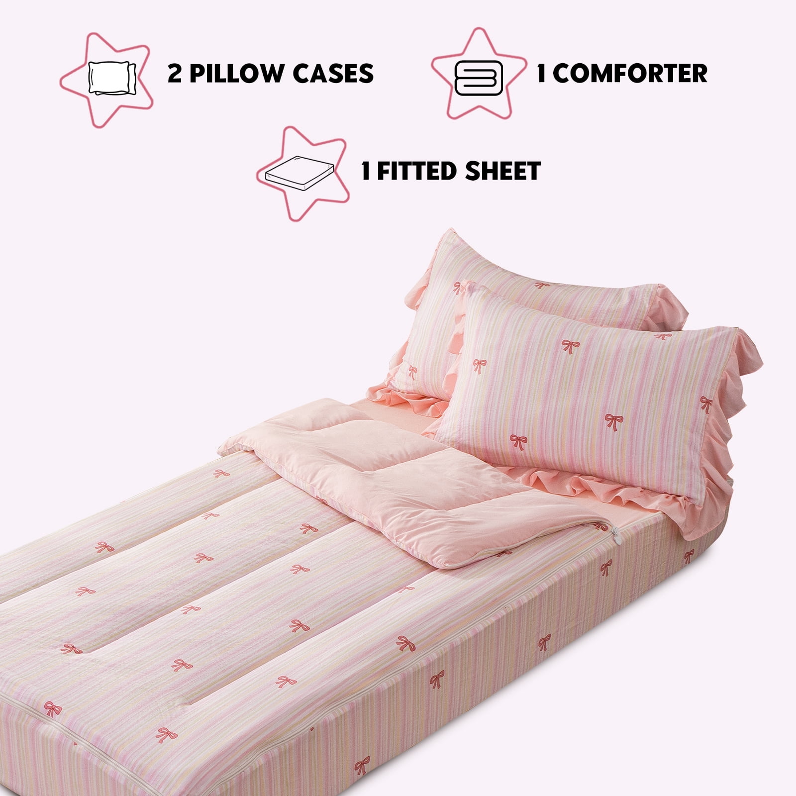 Btargot Bow Zip Bedding Pink Ribbon Bowknot Twin Comforter Set Princess Style Zipper Bedding Set