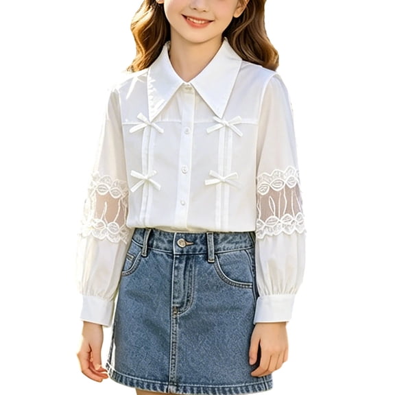 hoksml Girls Back to School Button Down Shirt Solid Long Sleeve Lace Ruffle Blouse Classic Collared School Uniform Tops