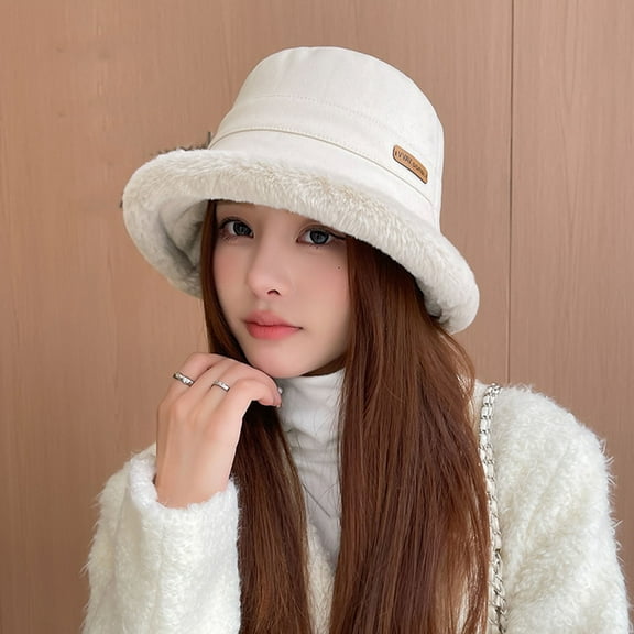 Naierhg Unisex Winter Hat Flat Top Thickened Plush Windproof Warm Soft Anti-slip Round Ear Protection Sunshade Bucket Cap Outdoor Basin Cap for Winter Coffee
