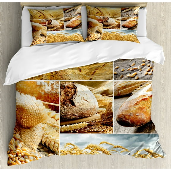 Harvest Duvet Cover Set Queen Size, Various Stages of Bread Making From Wheat to Final Product Collage Pattern, Decorative 3 Piece Bedding Set with 2 Pillow Shams, Earth Yellow Brown, by Ambesonne