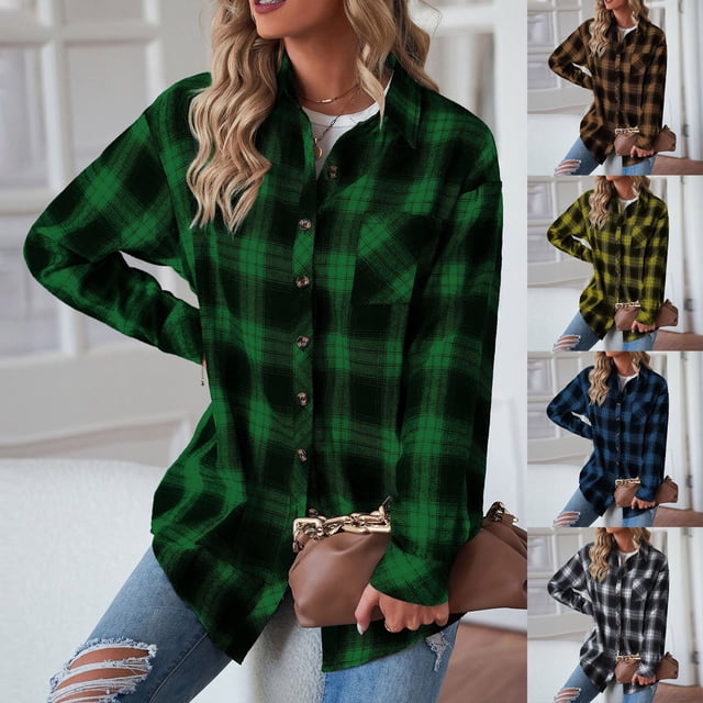 UVEASISHA Chemises Décontractées à Carreaux pour Femmes Manches Longues Col Boutonné Shacket Automne Mode Ouvert devant Chemise Légère Veste avec Poche Aujourd'hui Ventes, Vert, TTG
