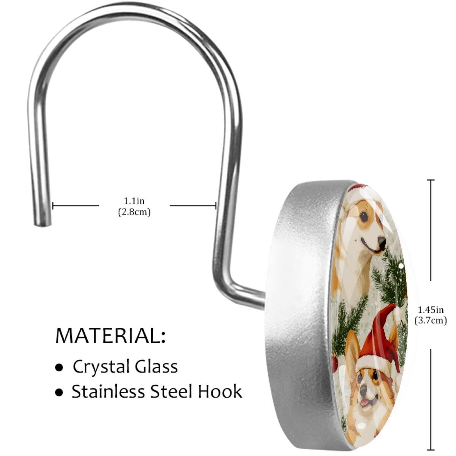 Santa Hat Corgi and Bells Shower Curtain Hooks Round Crystal Glass, Set of 12 Shower Curtain Rings - Shower Hooks for Curtain Shower Rings