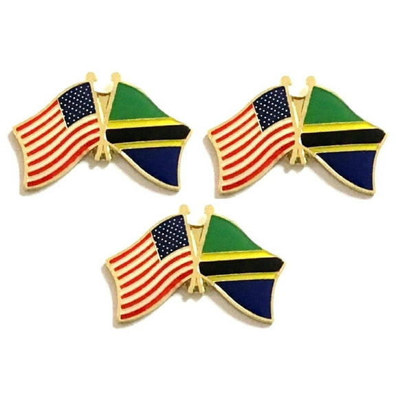 Box of 3 Tanzania & US Crossed Flag Lapel Pins, Country & American Double Friendship Tie & Hat Pin Badges