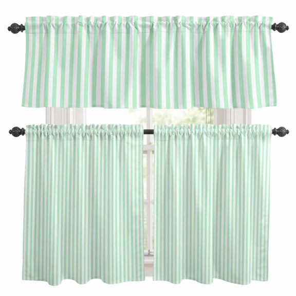 Green White Stripe Kitchen Curtains Sets for Windows 36 Inch Length, Modern Minimalist Geometric Striped Rod Pocket Window Treatments Tier Curtains and Valances Set for Bedroom/Bathroom