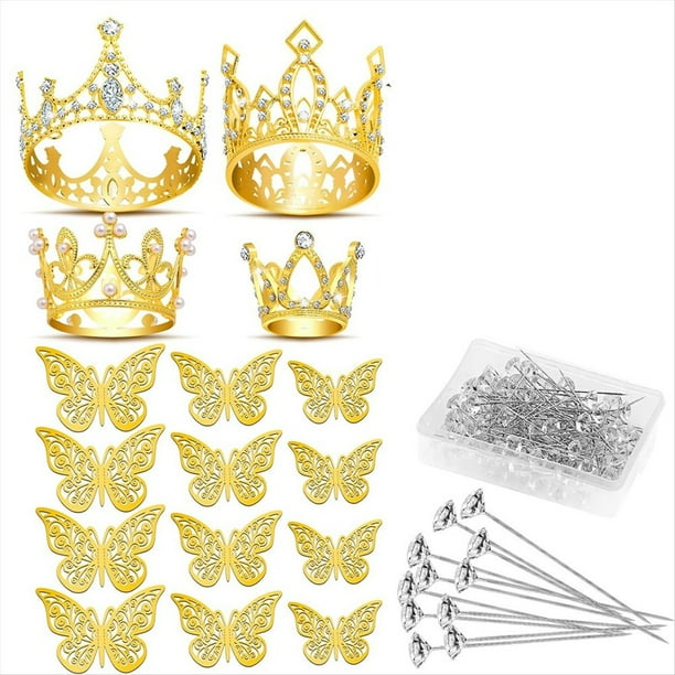 Coronas Doradas para Accesorios de Ramo de Flores, 4 Piezas de Decoración de para Pastel, 12 Piezas de Decoraciones de Mariposa y 50 Piezas de Alfileres de Flores