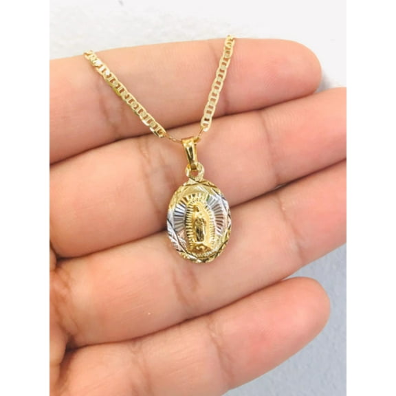 Tri Color Virgen De Guadalupe Necklace Mariner Link Chain 20" For Womens Mens 14K Gold Filled Gifts