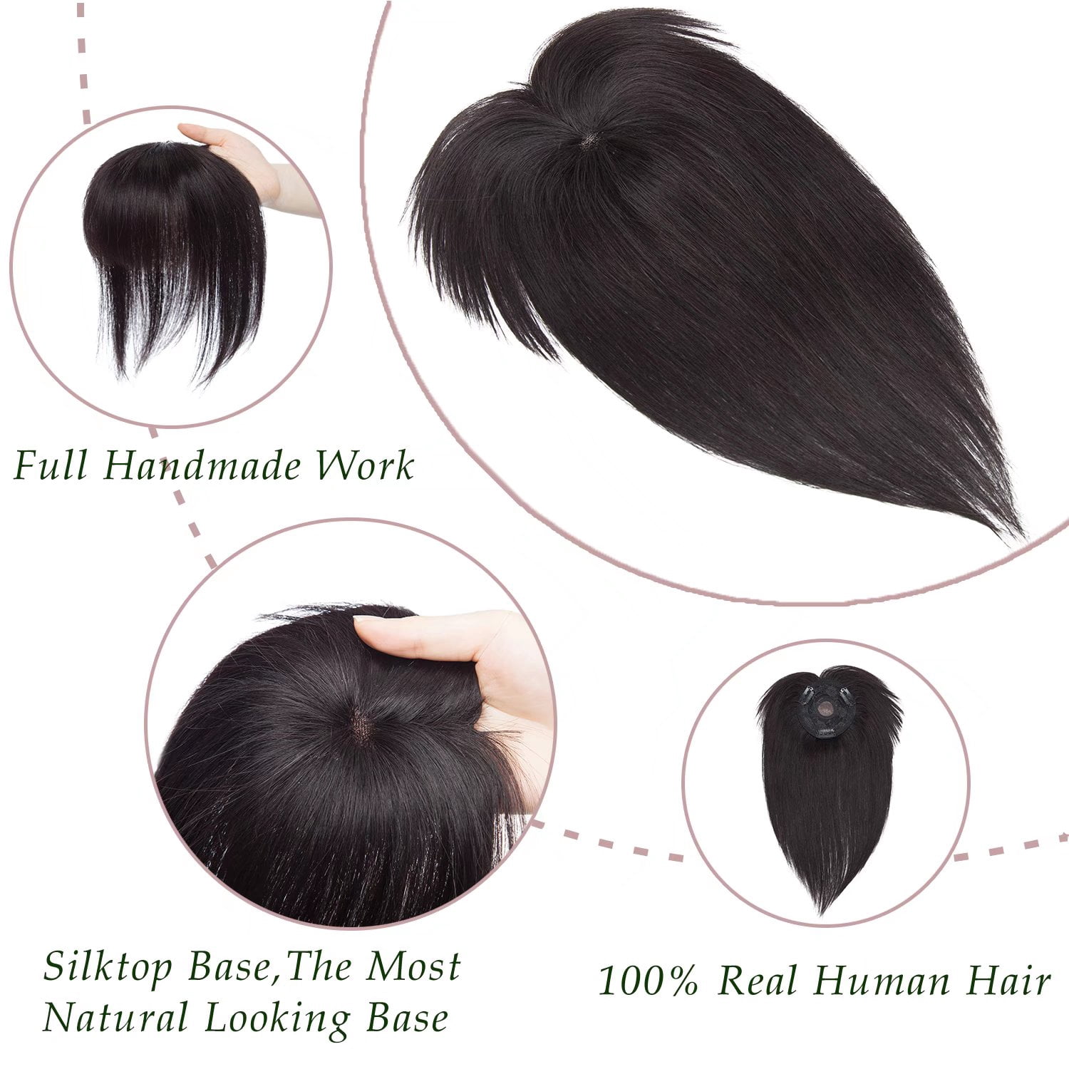 MY-LADY Hair Toppers for Women Real Human Hair with Bangs 3 Clip In Remy Topper Hairpiece for Thin Hair Natural Looking Hair Extensions 12inch #1B Natural Black