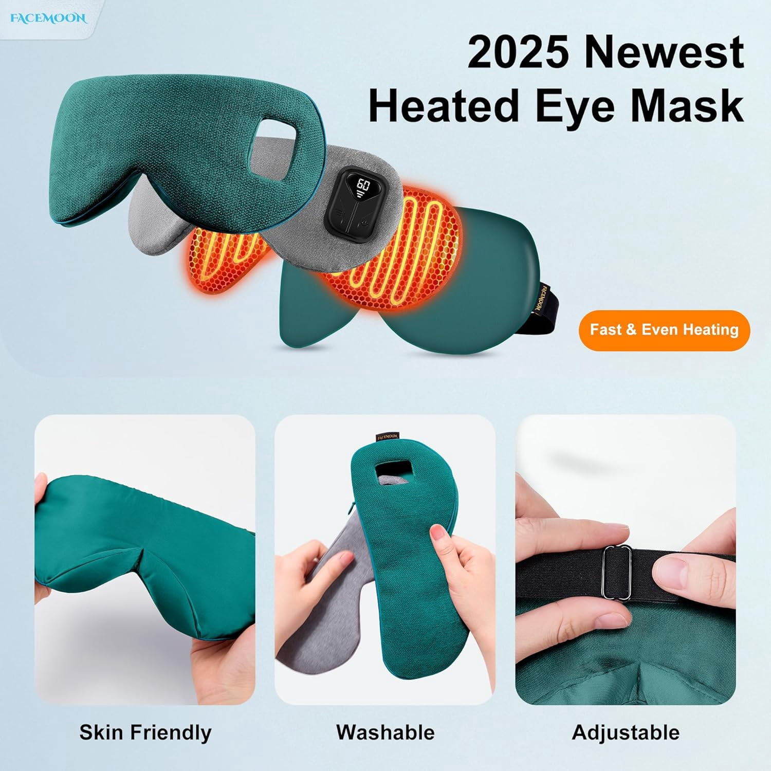 FACEMOON Heated Eye Mask for Dry Eyes: Electric Warm Compress for Blepharitis Stye Tired Eyes - Cordless Moist Heat Relief Heating - Stable Temp 1500 Mah Rechargeable Washable Green
