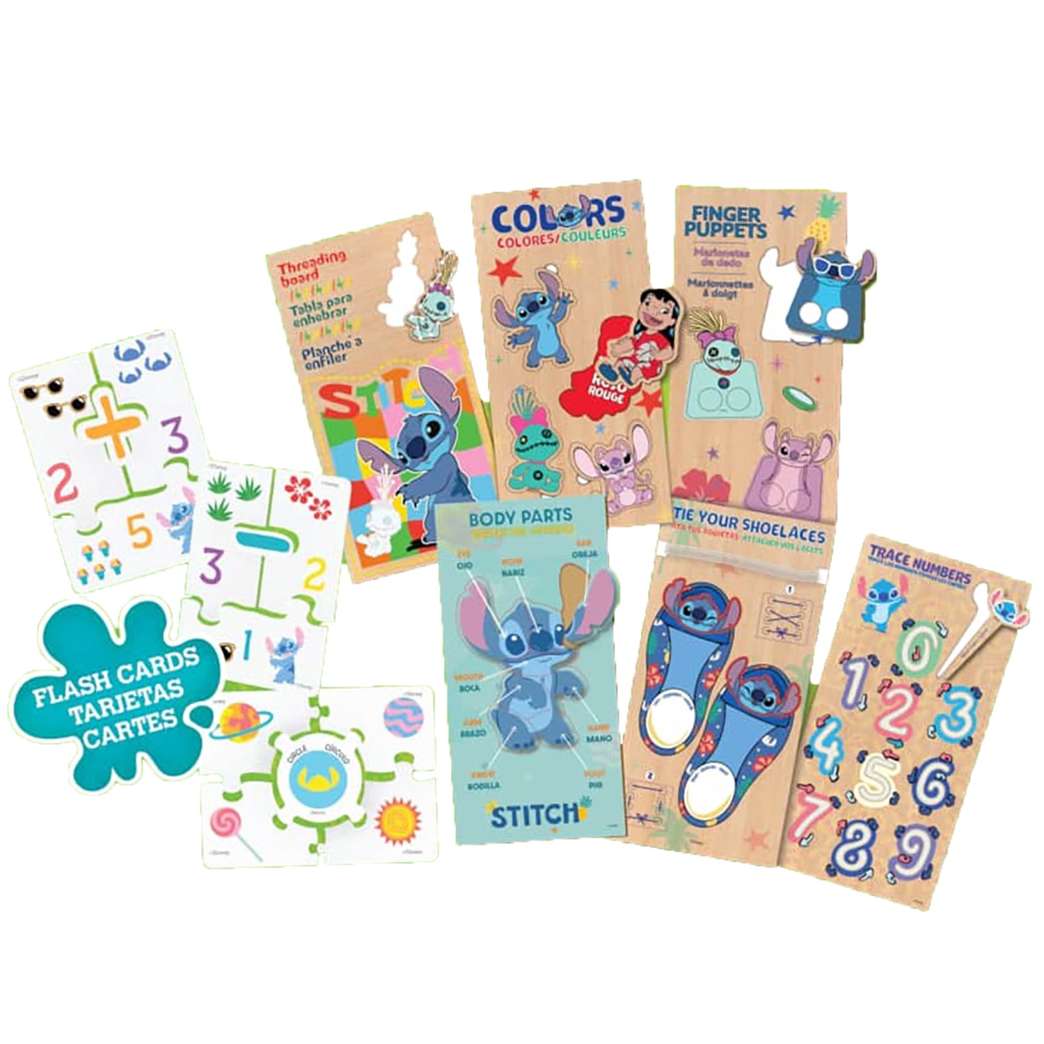 Disney: Stitch Educational Games - Set Of 9 - Play Based Learning, Wooden Puzzles, Bilingual Flash Cards, Numbers-Colors-Shapes-More, Toy Kit, Kids 3+