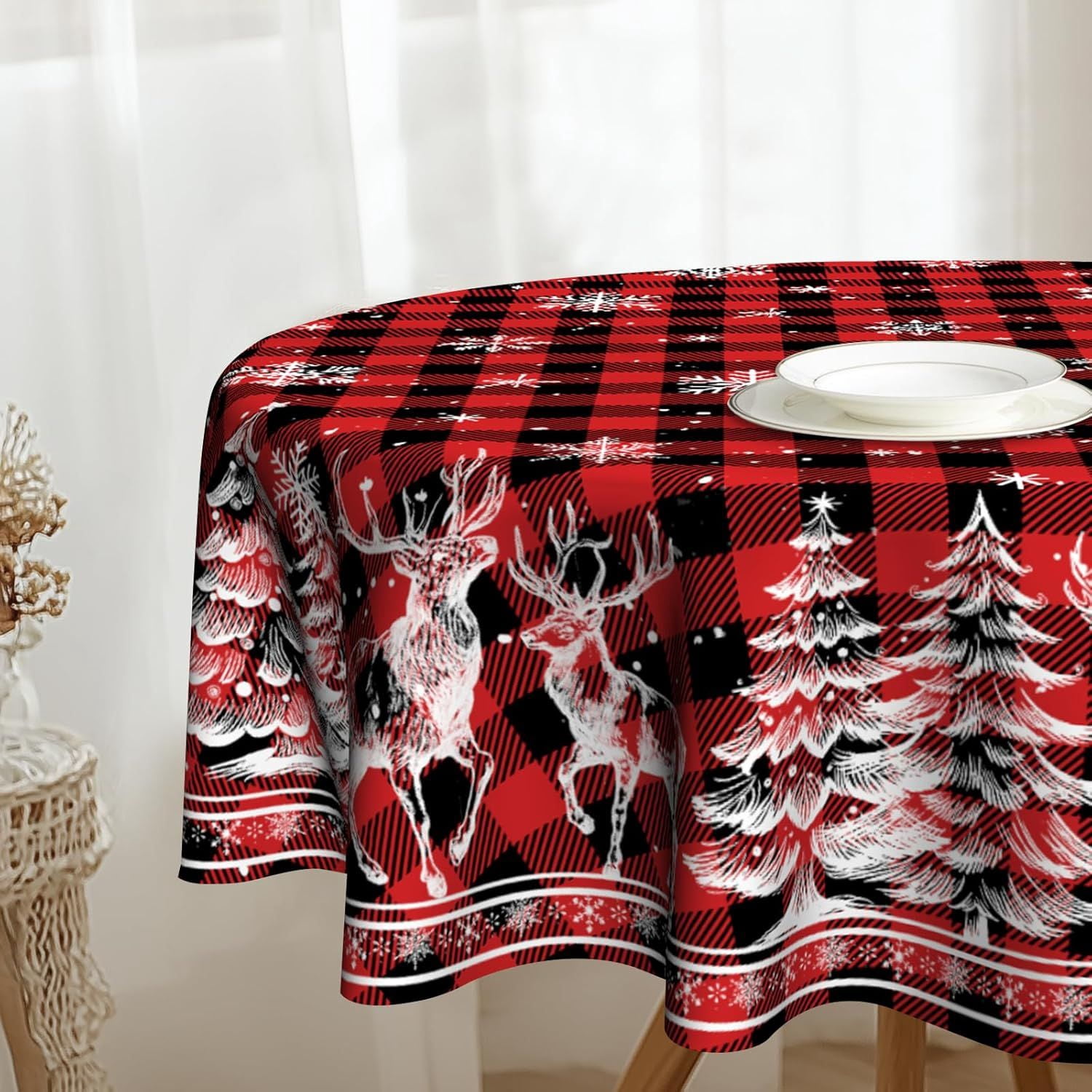 Christmas Round Tablecloth 60 inch Christmas Nativity Table Cloth Xmas Tree Table Cloths Decorations for Home Kitchen Dining Red Buffalo Plaid