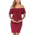thumbnail image 3 of Robe Femme Épaules Dénudées Manches Courtes Robe d'Été Courte Robe de Grossesse Falbala Vêtement d'Été, Rouge Vin, G, 3 of 5