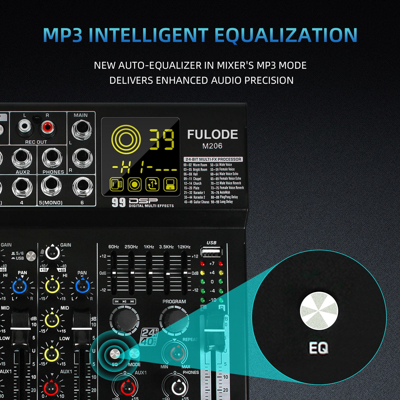 6 Channel Mixer Audio, Professional Music Sound PA Mixer DJ Mixing Board Console with 99 DSP Effects, 5-band EQ, Bluetooth, USB Interface, 48V Phantom Power for Recording Stage Karaoke