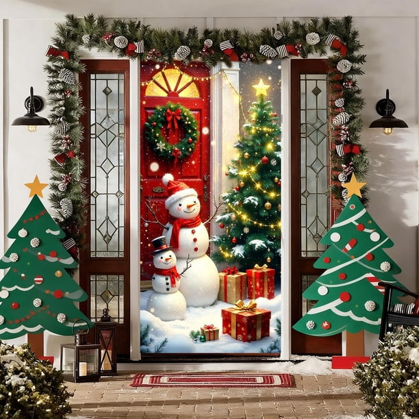 Christmas Door Curtain Santa Claus Polyester Fabric Decorative Cover for Holiday Party Wall and Door Hanging Festival Home Decor