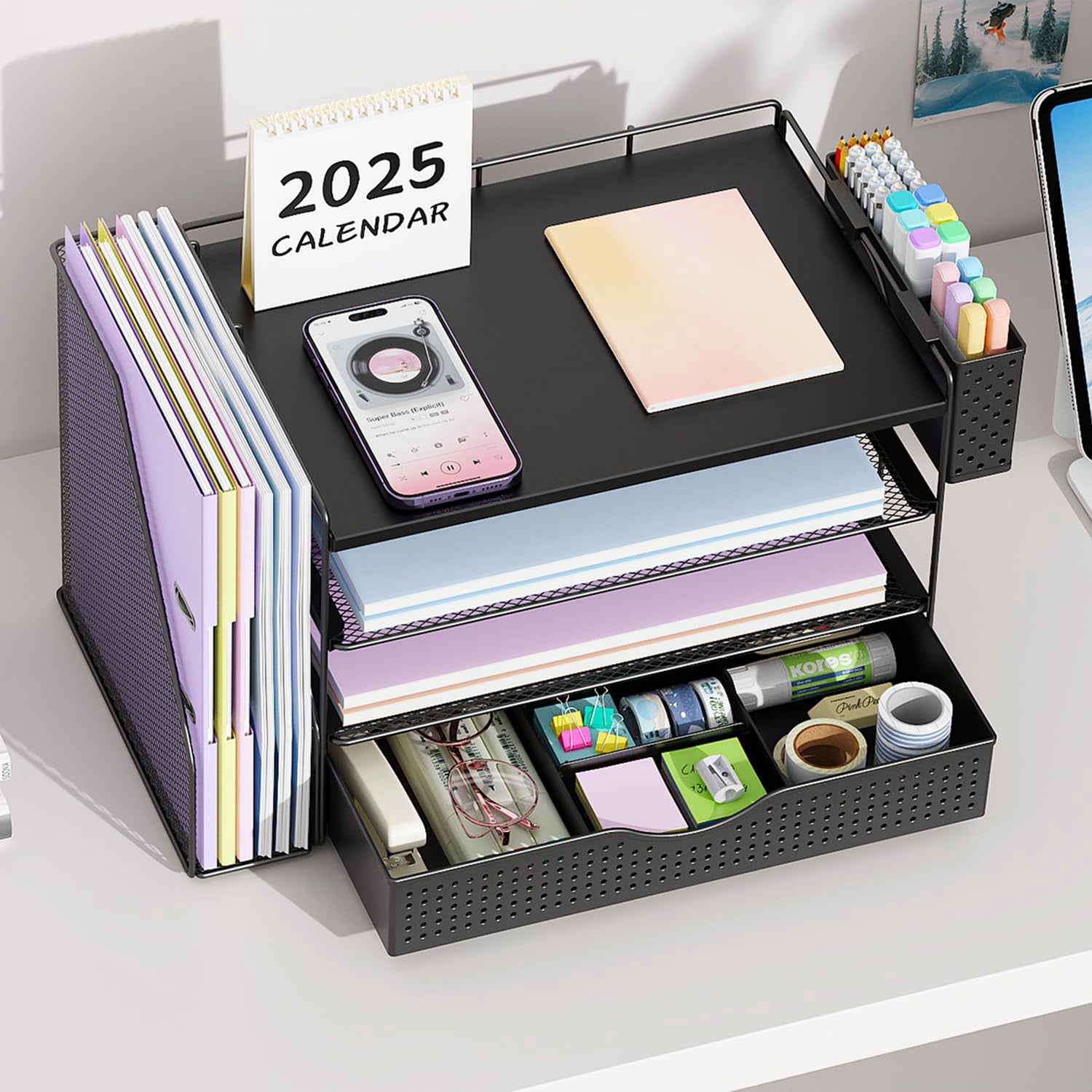 Wood Desk Organizers And Accessories With File Holder  4-tier & Workspace Drawer Pen Paper Organizer For Office Supplies (black)