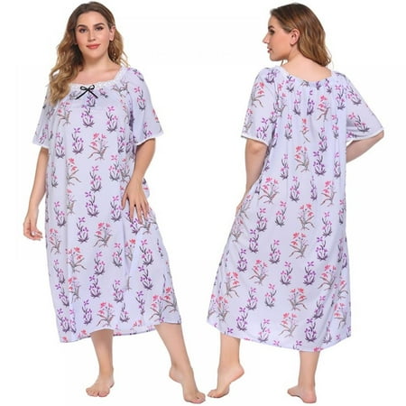

Aosijia Nightgowns for Women Plus Size Long Floral Print Sleepwear Casual Square Neck Nightshirt with Lace Trim Long Nightdress Short Sleeve House Dress for Ladies 4XL