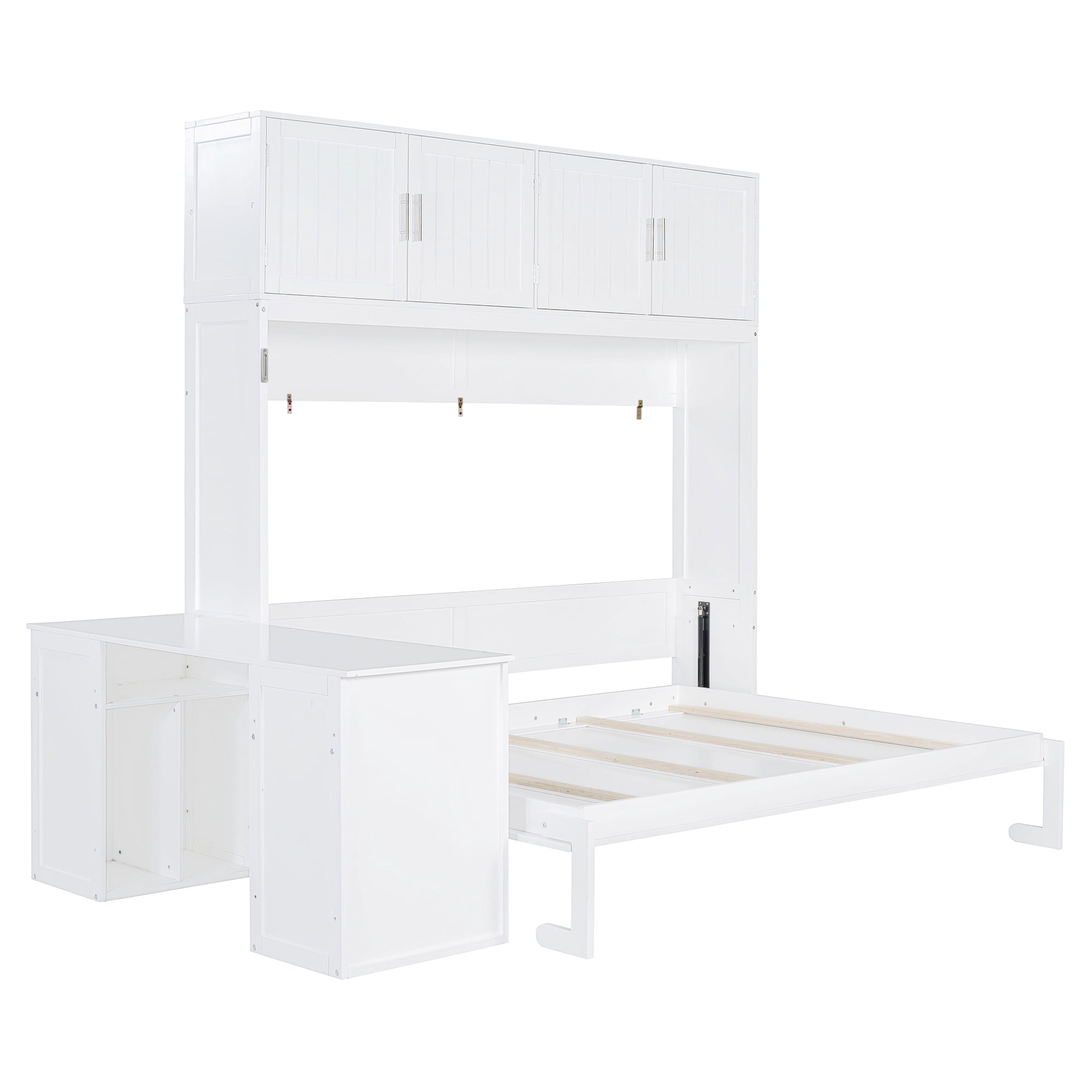 Mintazer Queen Size Murphy Wall Bed with Top Storage Cabinets & Movable Office Desk, Foldable Cabinet Bed for Guest Room Home Office, White