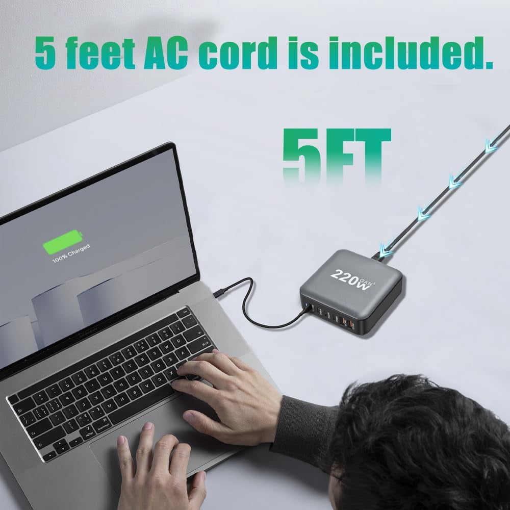 AUBEAMTO 220W GaN III 6Ports USB C Fast Charging Station Hub Block Portable Wall PD Charger Power Adapter 100W for MacBook iPhone Samsung