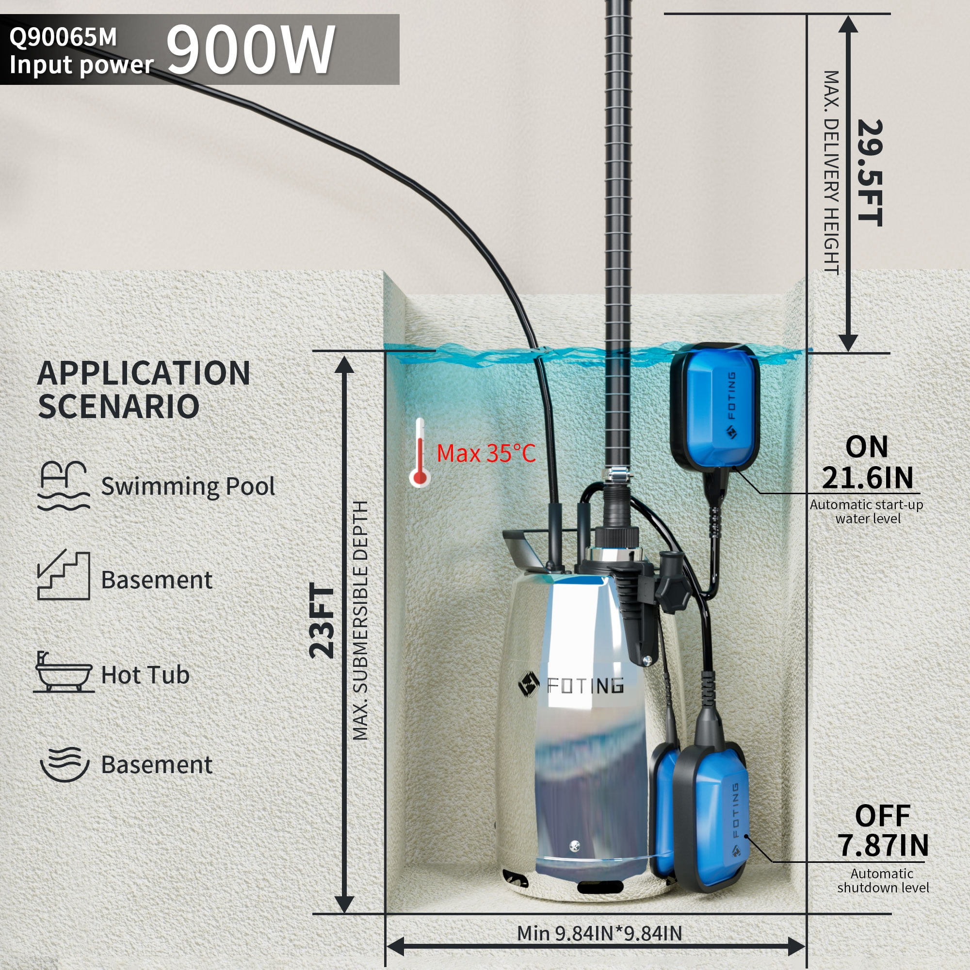 1 HP Stainless Steel Sump Pump, 3434 GPH 31ft Water Pump with Float Switch, Submersible Utility Pump for Basement Swimming Pool Draining Pond Garden Watering