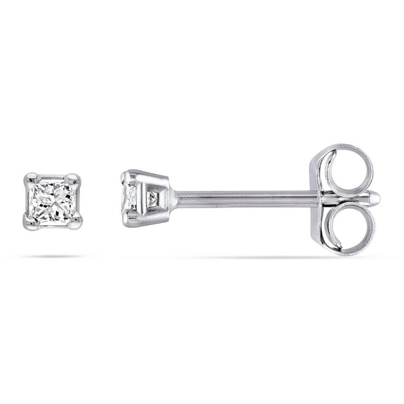 AMOUR 1/10 CT TW Princess Cut Diamond Stud Earrings In 14K White Gold