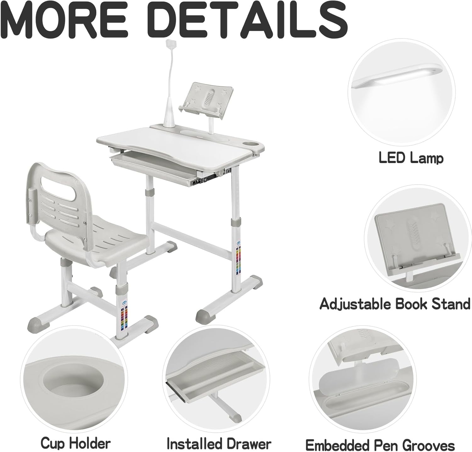 RedSwing Kids Desk and Chair Set, Adjustable Height Children Study Table Chair with Led Light, Bookstand, Portable Kids Desk with Tilted 0-60° Table Top for Age 3-15