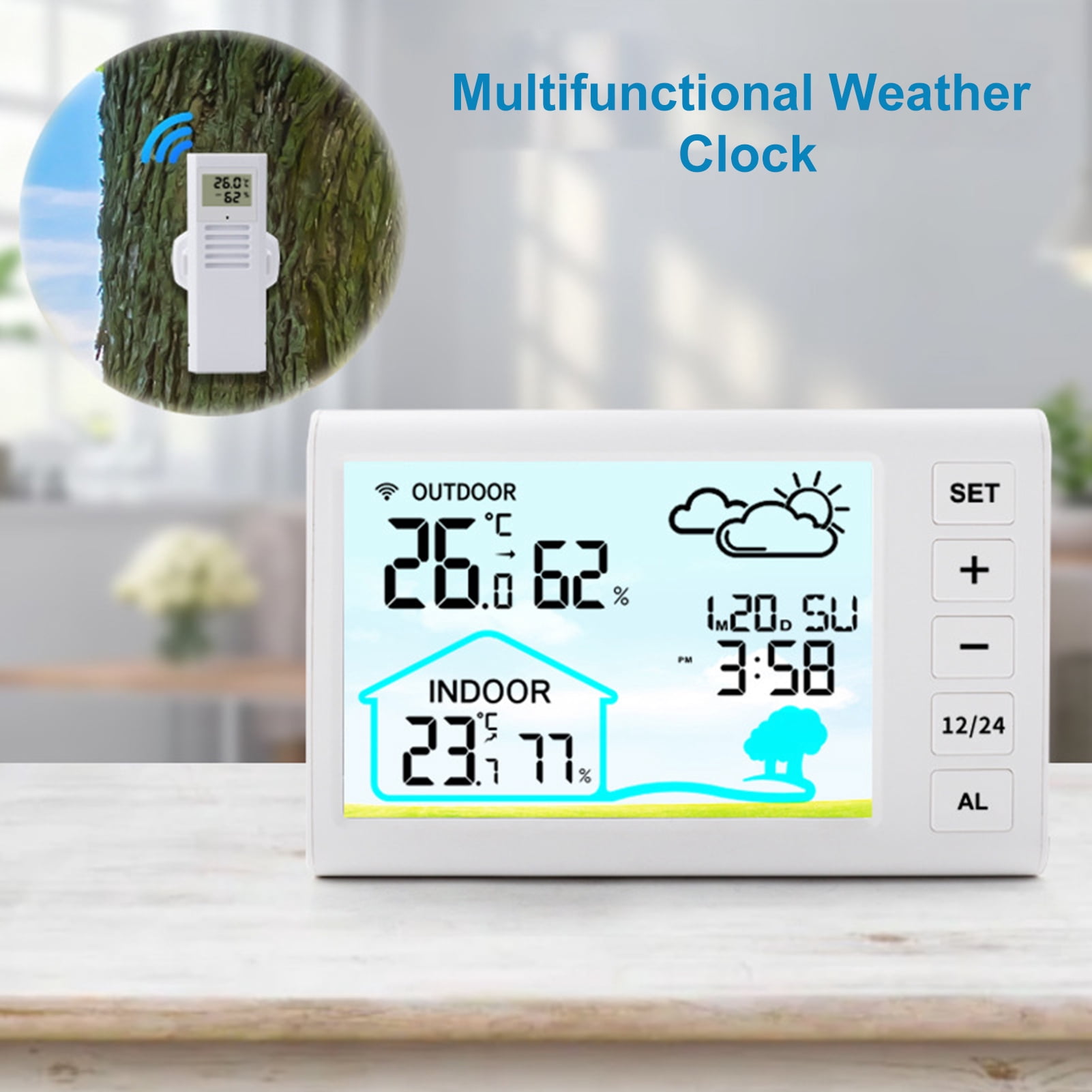 Riousery Wireless Weather Station Indoors Outdoors Temperature Humidity Display Clock Alarm with Adjustable Backlight, 5.3x3.3 inches / 13.5x8.4 cm