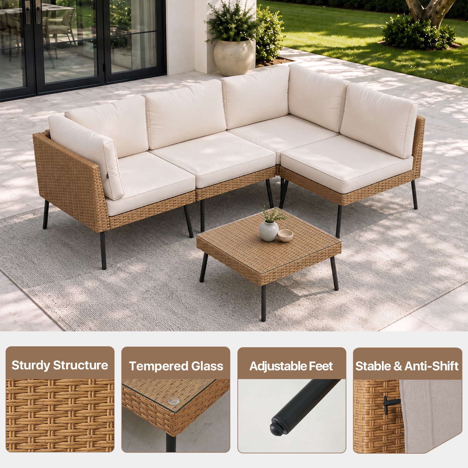 BaPiPro 5-Piece Modular Outdoor PE Rattan Sectional Sofa Set, All Weather Patio Furniture with Removable 4" High Density Cushions & Tempered Glass Coffee Table for Backyard Garden Courtyard, Beige