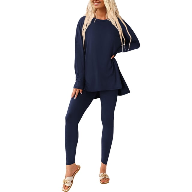 Conjunto de 2 Piezas para Mujer PRETTYGARDEN Manga Larga Azul Marino XXL