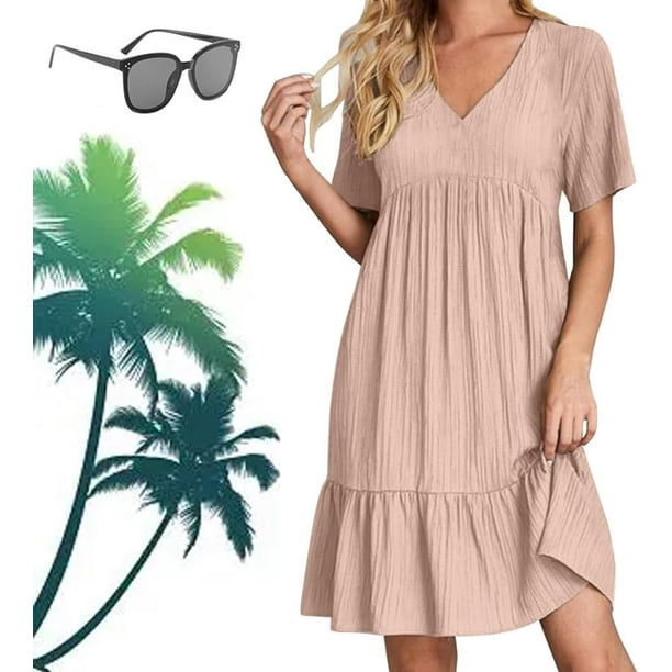 Ropa de mujer retro con cuello en V, vestido fluido de cintura informal suelto de color sólido para mujer, vestidos retro para mujer