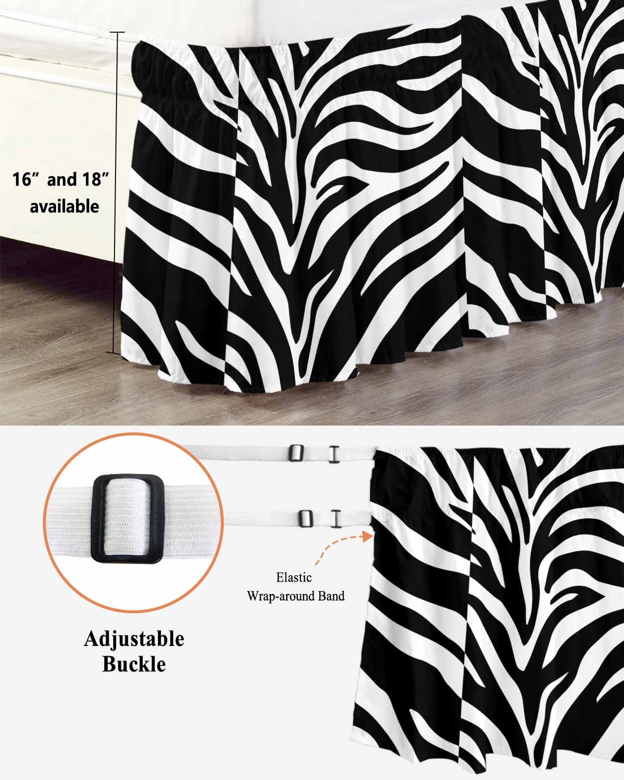 Abstract Tiger Print Bed Skirt Queen Size 18 Inch Drop, Black White Animal Fur Texture Modern Art Adjustable Elastic Dust Ruffles Bedskirt for Queen Bed Wrap Around Pleated Mattress Frame Cover