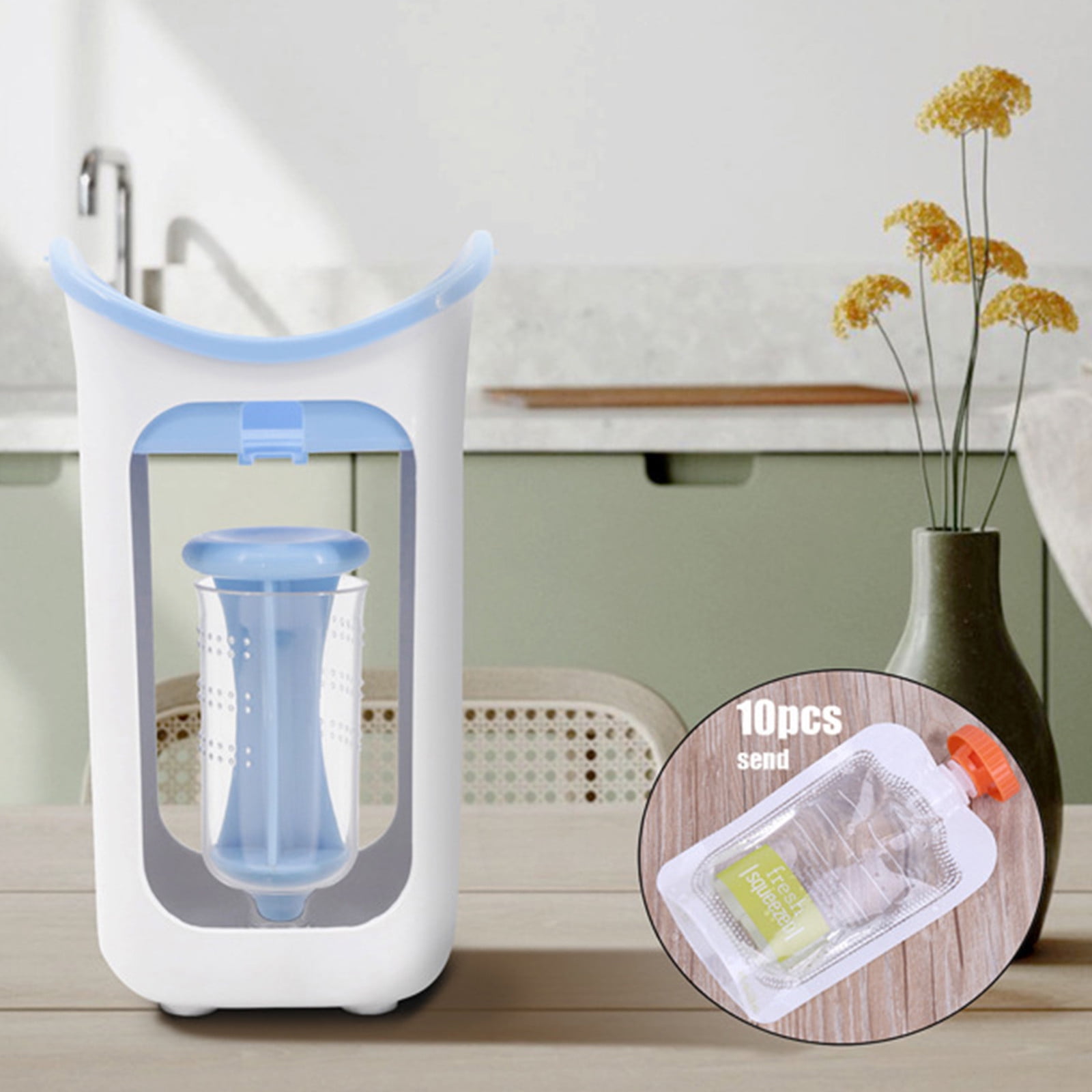Uutvery Baby Food Maker, Manual Fruit Puree Squeezer with 10 Reusable Pouches, Non-Slip Base for Easy Homemade Baby Food, 9.06x5.12x3.74 inches