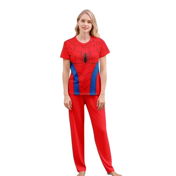 Family Matching Superhero Pajamas Set Red Blue Spider Graphic Short Sleeve Top Long Pants Halloween Sleepwear Loungewear