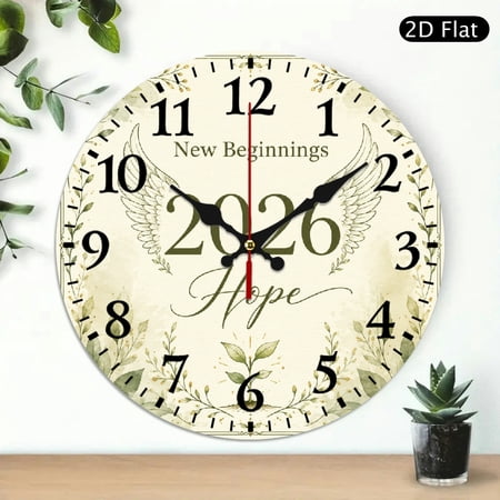 Patifu 10 Inch Wooden Wall Clock New Beginnings 2026 Hope Wings Silent Mechanical Movement Battery Operated 10x10in
