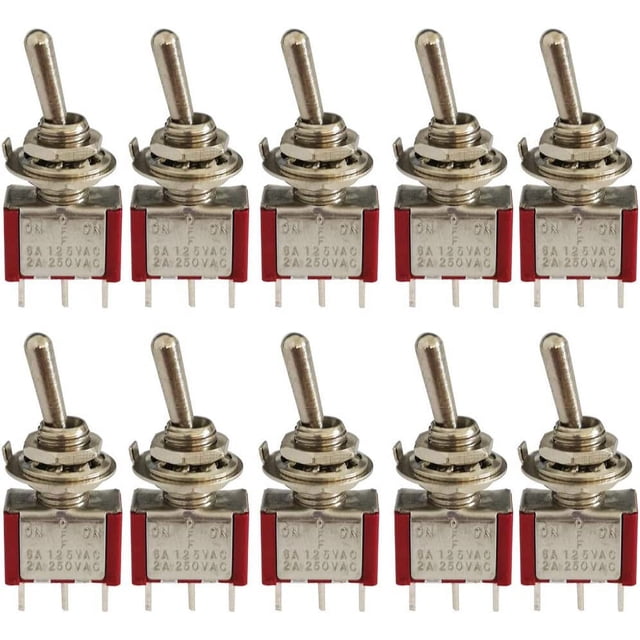 Interruptor basculante en miniatura de 10 piezas, CA 125 V 6 A/250 V 2 A, 3 pines SPDT ON-Off-ON, 3 pines, 3 posiciones, SPDT, interruptor basculante autoblocante para autopartes, color rojo
