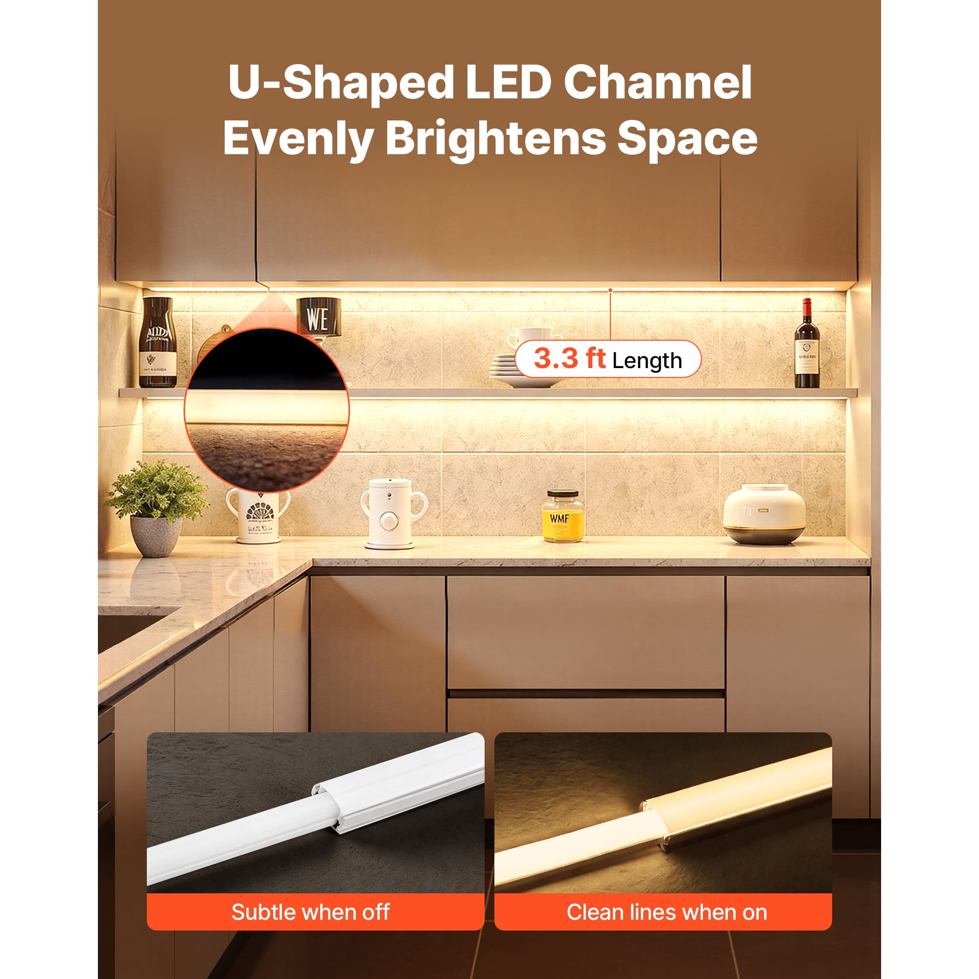 KFFKFF 10-Pack 3.3 ft/1M U-Shaped LED Aluminum Channel with Frosted Cover, End Caps, and Mounting Clips, Ideal for LED Strip Light Installations, Simple Setup for Under Cabinet or Counter Lighting