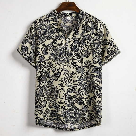 Floenr Mens T Shirts,Mens Ethnic Short Sleeve Casual Cotton Linen Printing Hawaiian Shirt Blouse