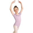 thumbnail image 3 of Yeaiivve Girls Short Sleeve Ballet Leotards Ruffle Crew Neck Dance Gymnastics Cute Little Dancers Bodysuit for Performances Purple 5-6 Years, 3 of 6