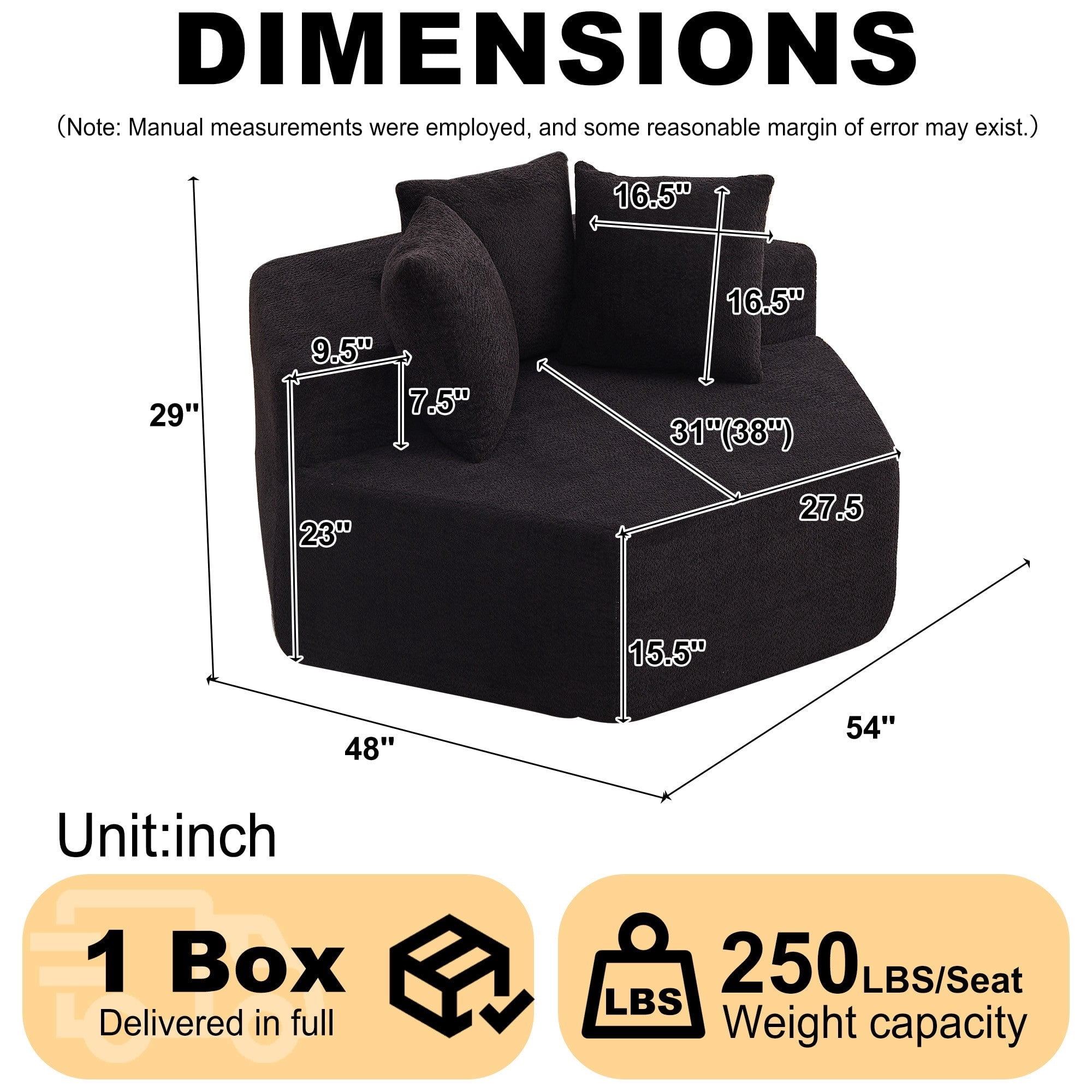 Sailvan 54" Modern Hexagonal Modular Circular Sofa, Chenille Upholstered Single Lounge Chair with 3 Pillows for Living Room & Game Room Black