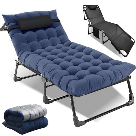 Lilypelle Folding Lounge Chair for Adults, Adjustable 4-fold Reclining Folding Chaise with Pillow, Outdoor Portable Sleeping Cots,Blue