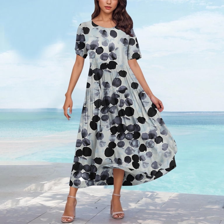 women's summer casual dresses short sleeve sundress Womens Sundress Summer Floral Short Sleeve Wrap V Neck A-line Midi Dress