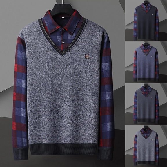 Jinhomg Plaid Button Shirt For Men Fake Two Piece Long Sleeve Blouses Fall Casual Knit Fleece Warm Pullover Shirts Dark Gray,XXL