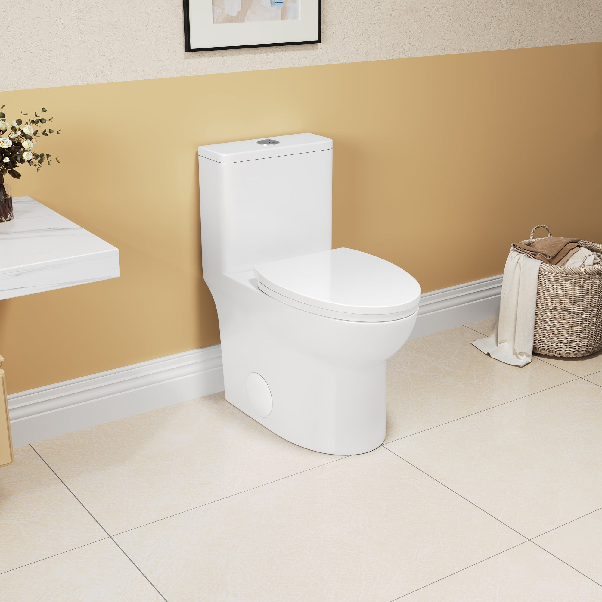Alvantor 16.5"Height One-Piece Toilet Ceramic Dual-Flush Elongated Floor Mounted 1.1/1.6 GPF Toilet White
