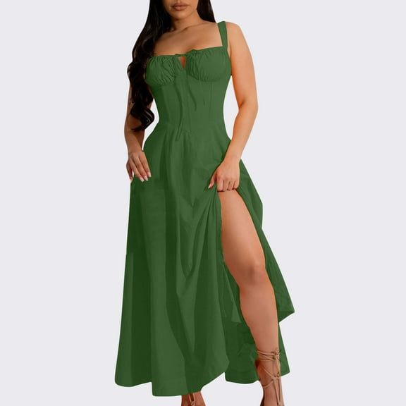 QUNYINEY Dresses for Women 2025 Casual Sleeveless Solid A-Line Dress Empire Waist Split Hem Square Neck Maxi Sundress