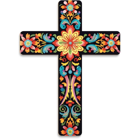 Putuo Decor Floral Cross Wall Decor - Painted Wooden Inspirational Spanish Style Mexican Art Crucifix for Home, Room, Church Decoration (Yellow Flower)