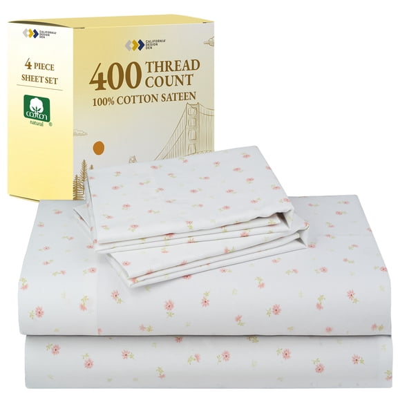 California Design Den King Sheet Set - 400 Thread Count 100% Cotton Sheet Set, Sateen, Deep Pocket King Sheets, 4 Piece Adult/Teen Bedding Sheets Set - Soft Floral Print