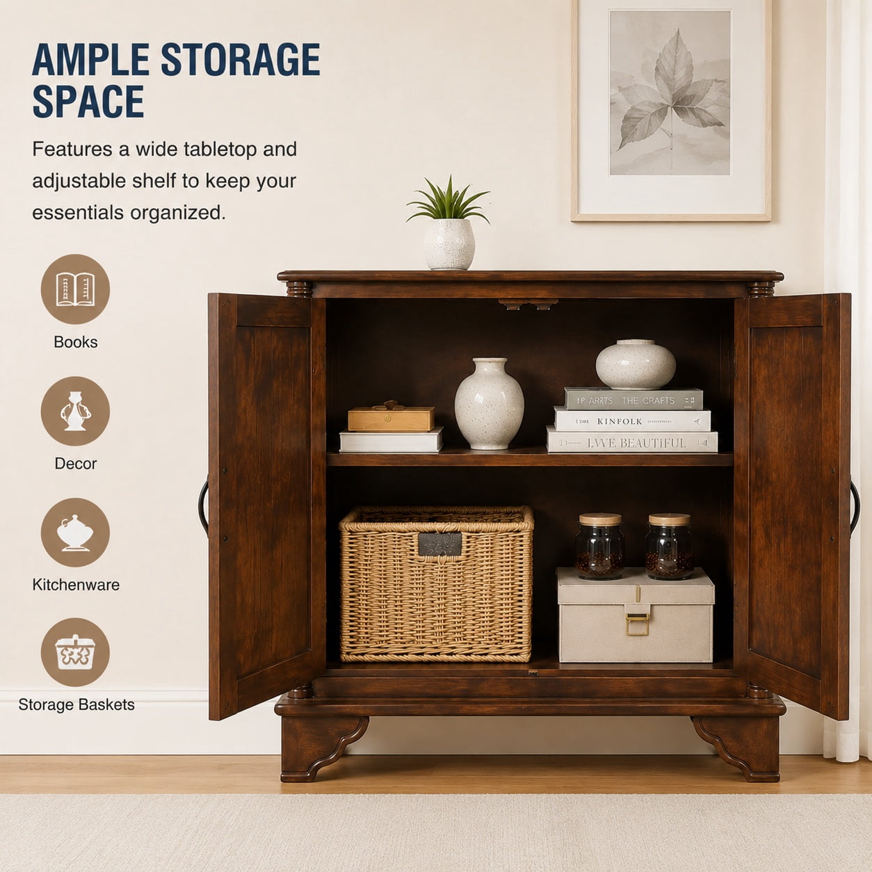 Aukfa 40" Farmhouse Accent Storage Cabinet, Solid Pine Wood Frame,Storage Organizer for Entryway & Living Room,Espresso
