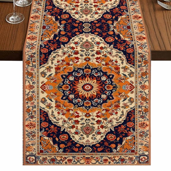Orange Boho Flower Table Runner 90 Inches Long,Traditional Oriental Tribal Ethnic Cotton Linen Table Runners Dresser Scarves,Fabric Tabletop Scarf Furniture Cover for Home Dinner Party 13"x90"