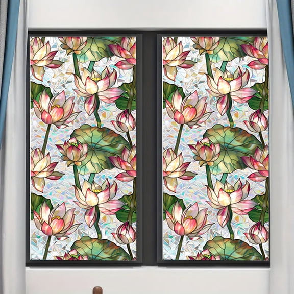 Rainbow Floral Static Cling Window Film - Removable Decal for Glass Doors - Decorative Privacy Sticker with Botanical Designs for Indoor Use