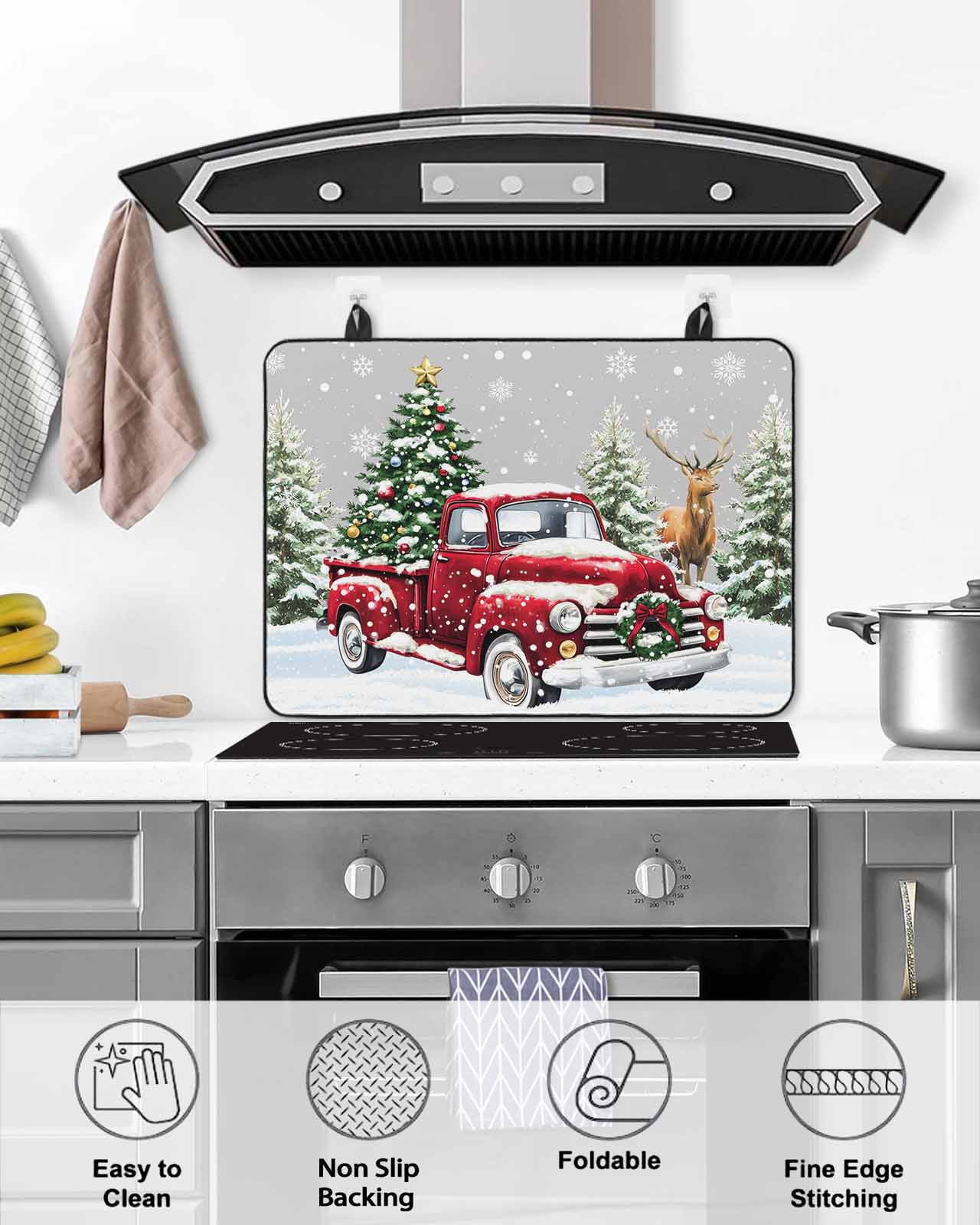 Large Induction Cooktop Protector Mat Christmas Truck Stove Top Covers for Electric Stove, Winter Snowflakes Xmas Tree Deer Grey Decorative Stove Burner Cover Mats, Glass Top Stove Cover