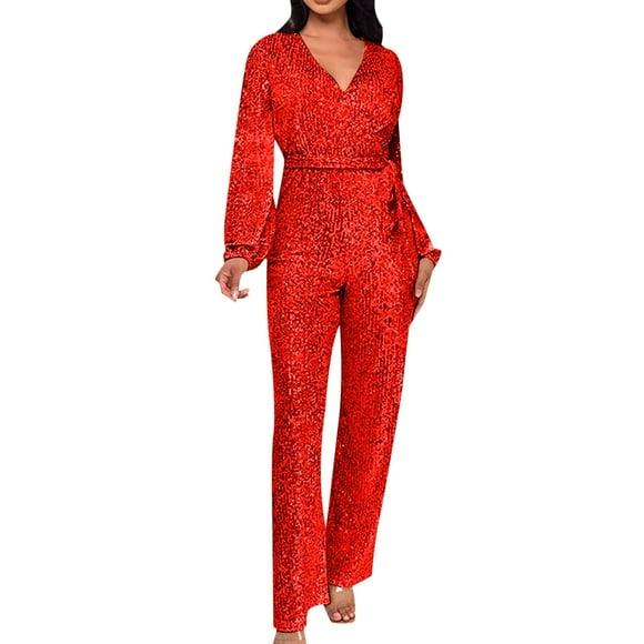 Casual Jumpsuit Long Sleeve Belted Sequin Jumpsuit Women'S Jumpsuit Red Xxl